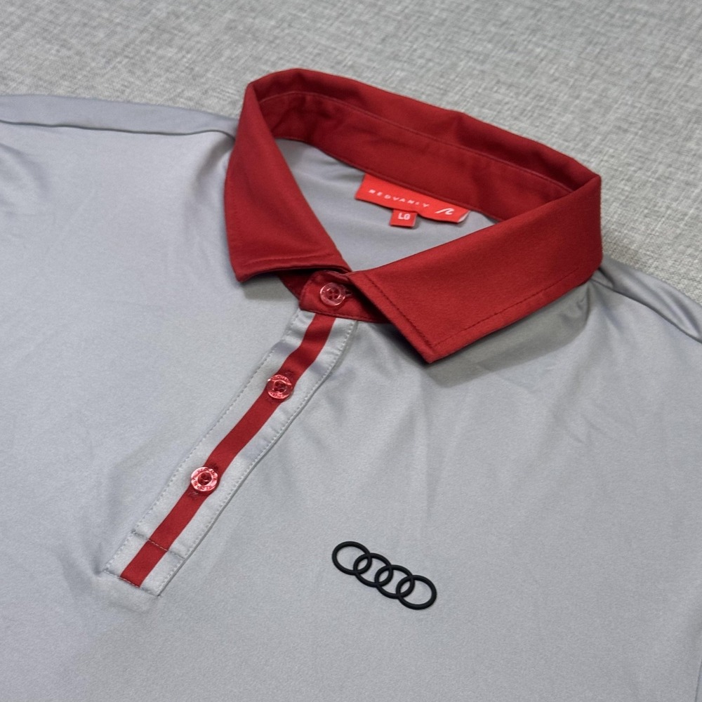 REDVANLY Audi Logo Golf Polo Shirt Mens Large Gray Red Collar Performance